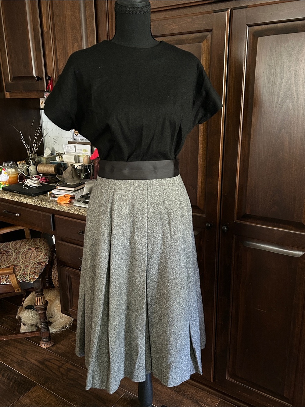 1960’s Union Made Sz M Classic Gray Wool Pleated Midi Dress with Black Top